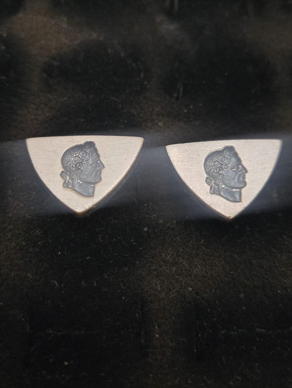 Anson Designer Signed Carved Duke Face Overlay Sliver Plated Cufflinks